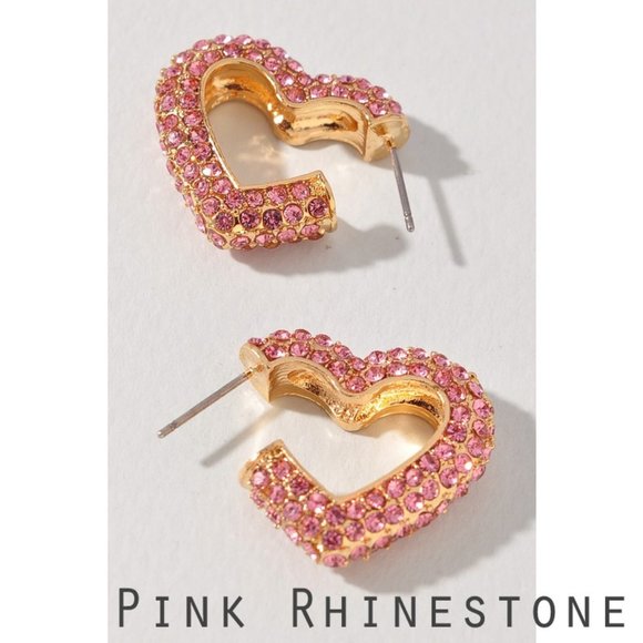 NEW Sparkly Bling Rhinestone Heart Love Hoop Earrings Cute Pretty Y2K Barbiecore - Picture 3 of 7